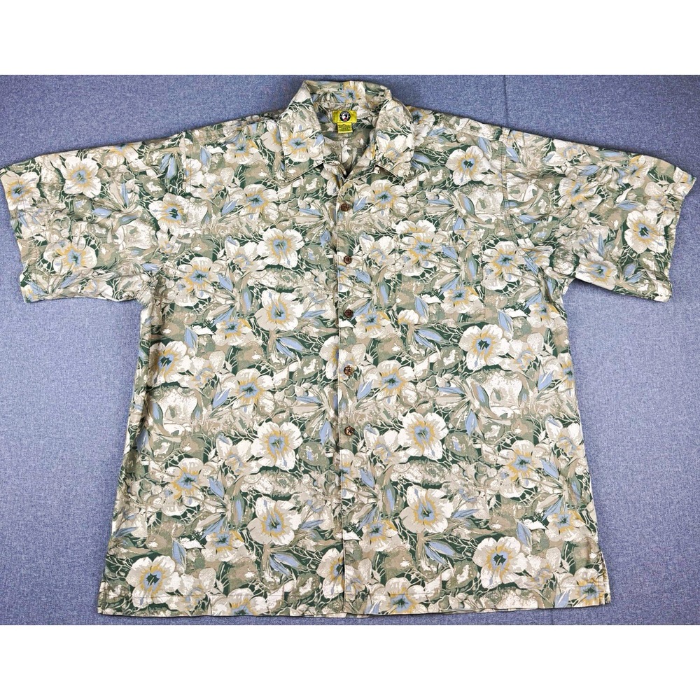 Duck Head Mens XL Floral Shirt Green Tan Short Sleeve 100% Cotton Button Up